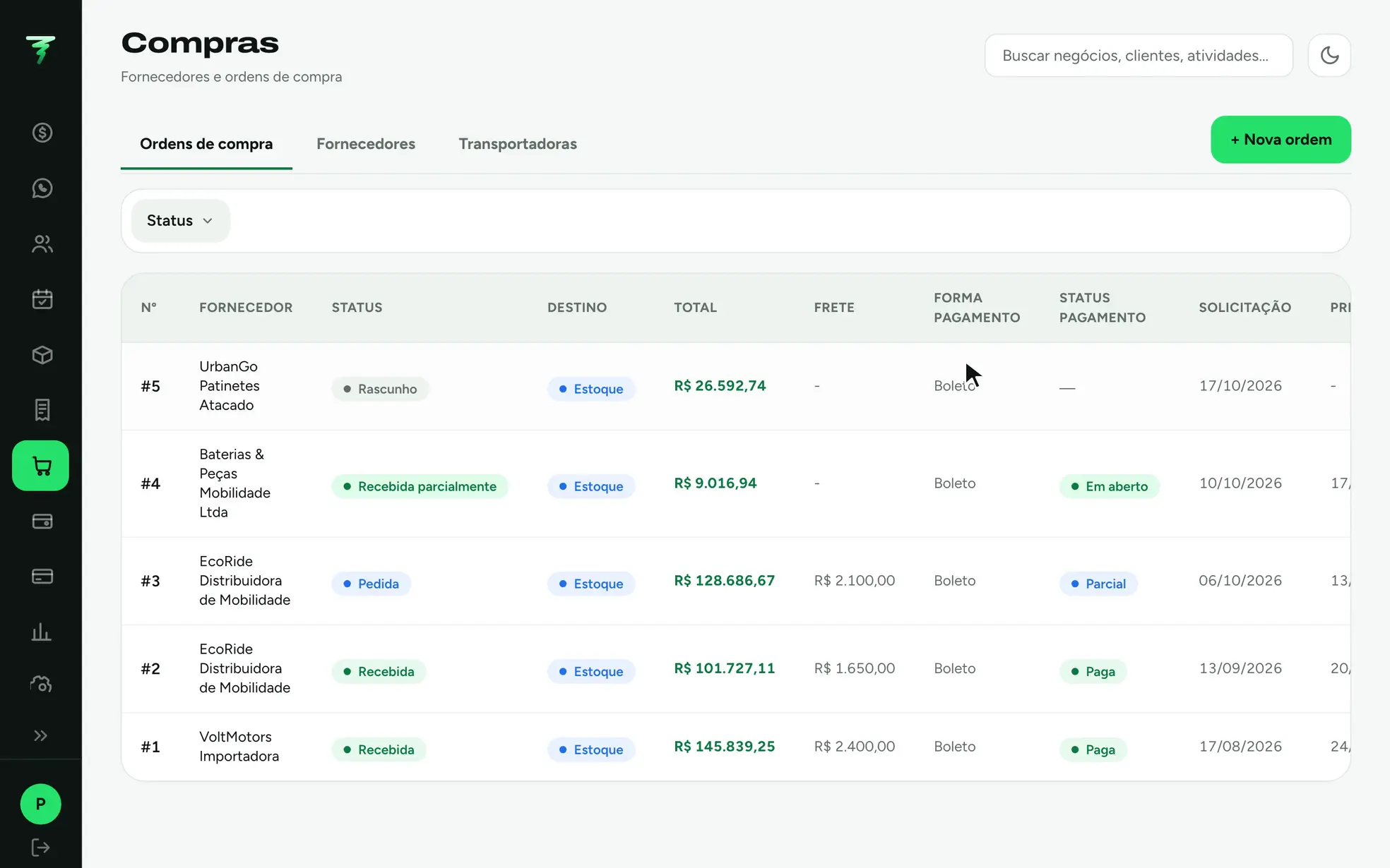 Gravação da lista de ordens de compra com status de pagamento e o detalhe de uma compra com itens, frete e parcelas